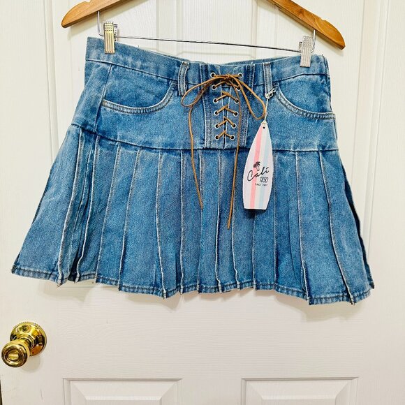 CALI 1850 LOS ANGELES DROP WAIST PLEATED MINI BLUE DENIM JEAN SKIRT LARGE JR - Picture 1 of 6